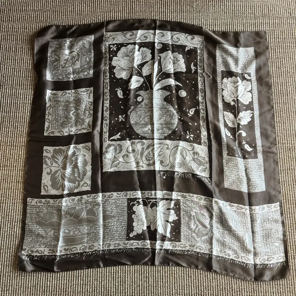 🌿 Vintage Botanical Patchwork Square Scarf | Dark Brown & White